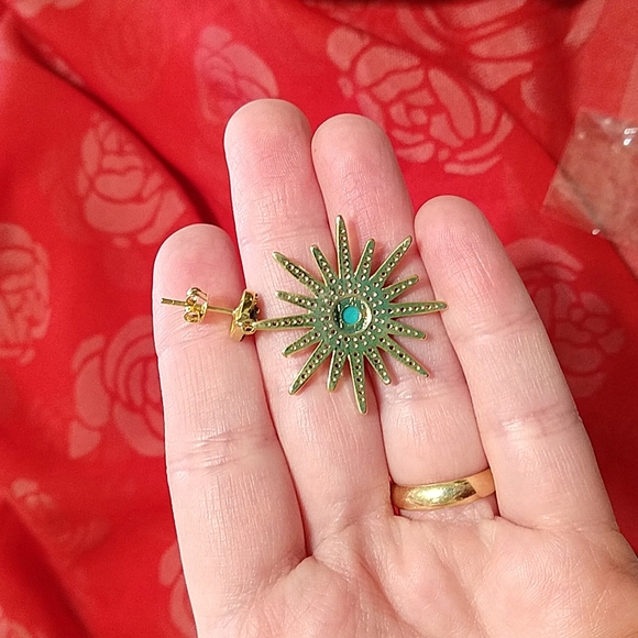 14K Yellow Gold Plated Turquoise & Swarovski Crystal Accented Starburst Earrings - Picture 3 of 4